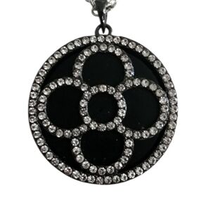 Black and Silvertone Floral Rhinestone Pendant Necklace